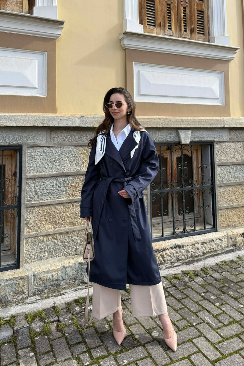 ONE COLOR SCARF AND BELT DETAIL LONG WOMEN TRENCH COAT BLUE/BLU - 1
