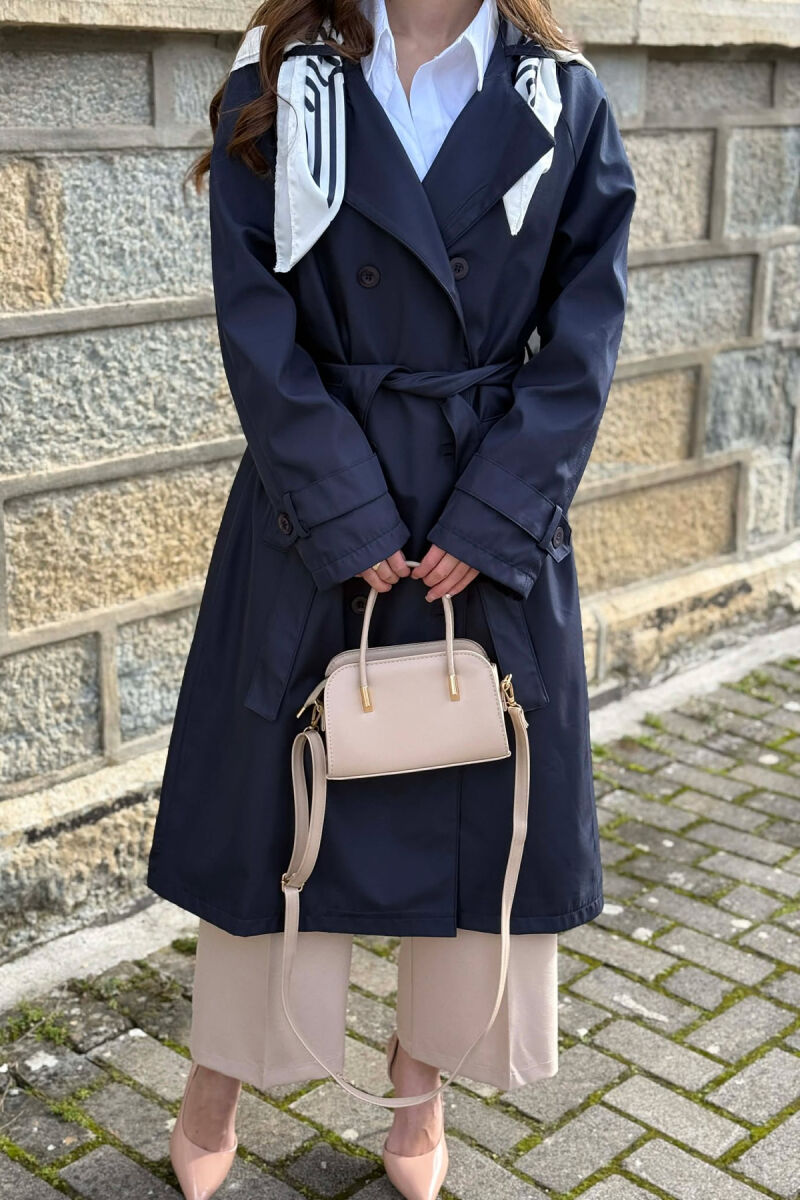 ONE COLOR SCARF AND BELT DETAIL LONG WOMEN TRENCH COAT BLUE/BLU - 2