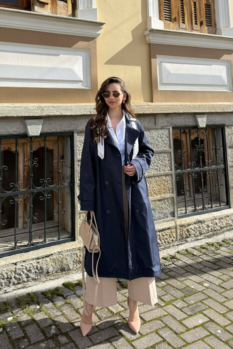 ONE COLOR SCARF AND BELT DETAIL LONG WOMEN TRENCH COAT BLUE/BLU - 3