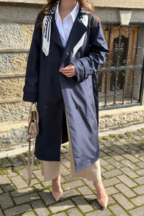 ONE COLOR SCARF AND BELT DETAIL LONG WOMEN TRENCH COAT BLUE/BLU - 4