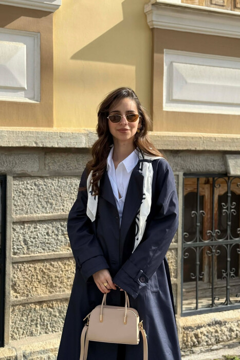 ONE COLOR SCARF AND BELT DETAIL LONG WOMEN TRENCH COAT BLUE/BLU - 5