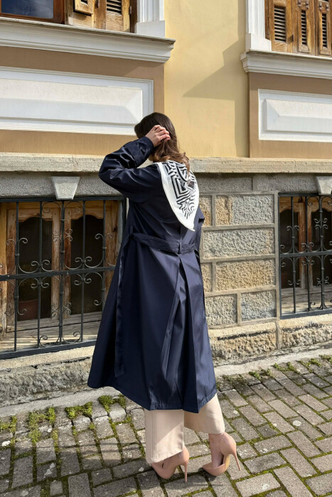 ONE COLOR SCARF AND BELT DETAIL LONG WOMEN TRENCH COAT BLUE/BLU - 6