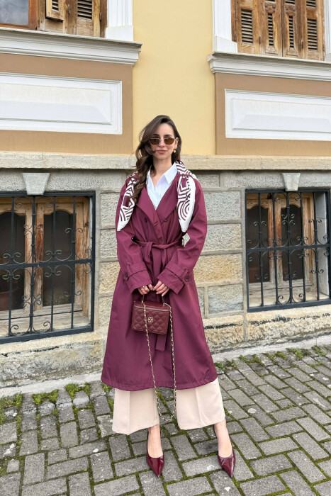 ONE COLOR SCARF AND BELT DETAIL LONG WOMEN TRENCH COAT BURGUNDY/VISHNJE 