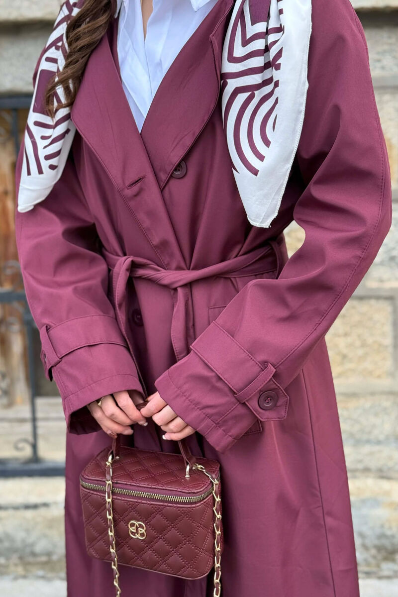 ONE COLOR SCARF AND BELT DETAIL LONG WOMEN TRENCH COAT BURGUNDY/VISHNJE - 2
