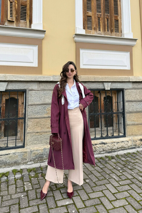 ONE COLOR SCARF AND BELT DETAIL LONG WOMEN TRENCH COAT BURGUNDY/VISHNJE - 3