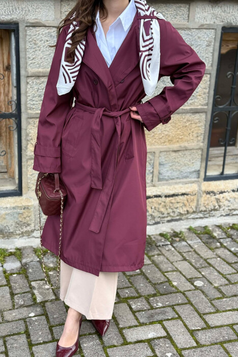 ONE COLOR SCARF AND BELT DETAIL LONG WOMEN TRENCH COAT BURGUNDY/VISHNJE - 4