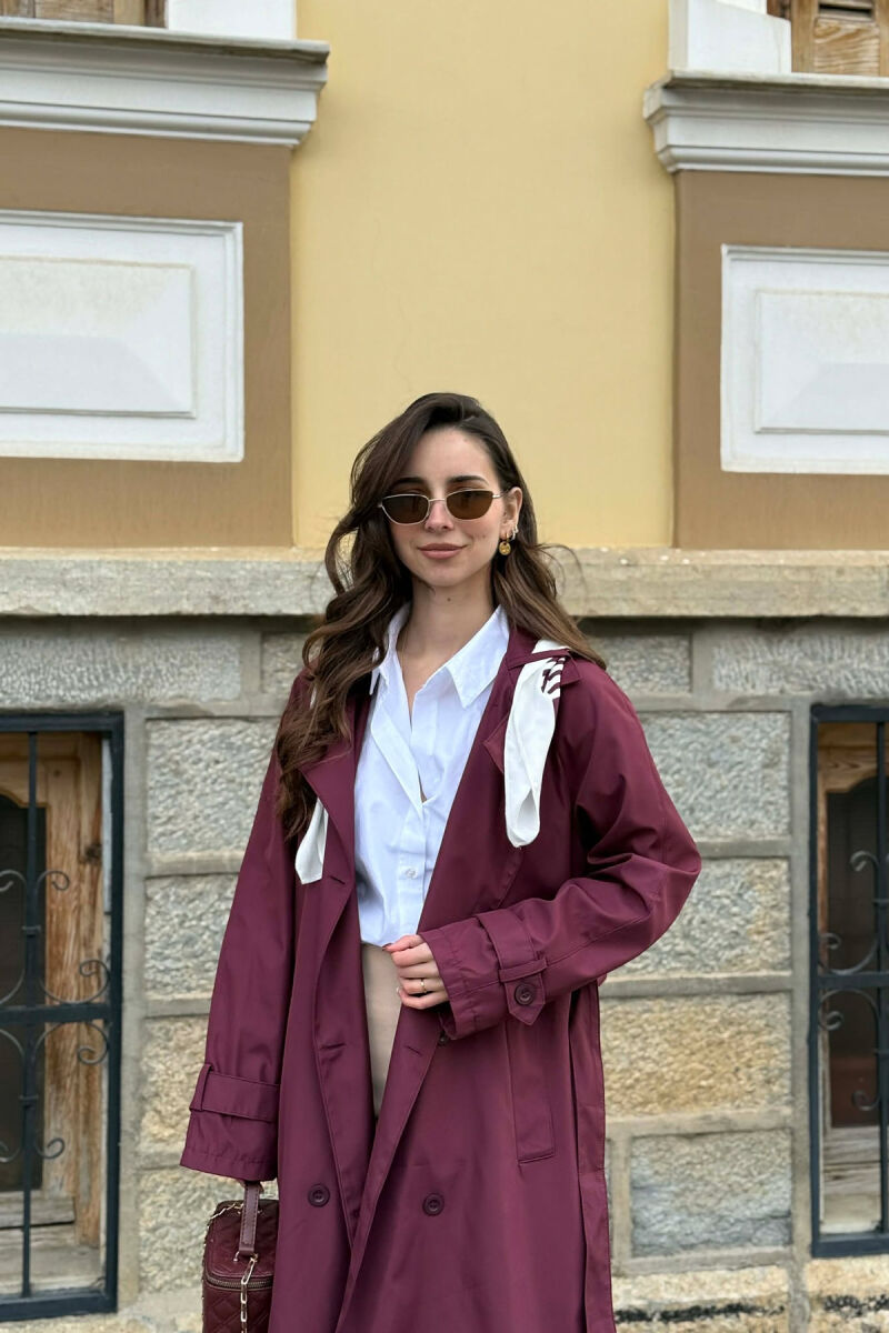 ONE COLOR SCARF AND BELT DETAIL LONG WOMEN TRENCH COAT BURGUNDY/VISHNJE - 5