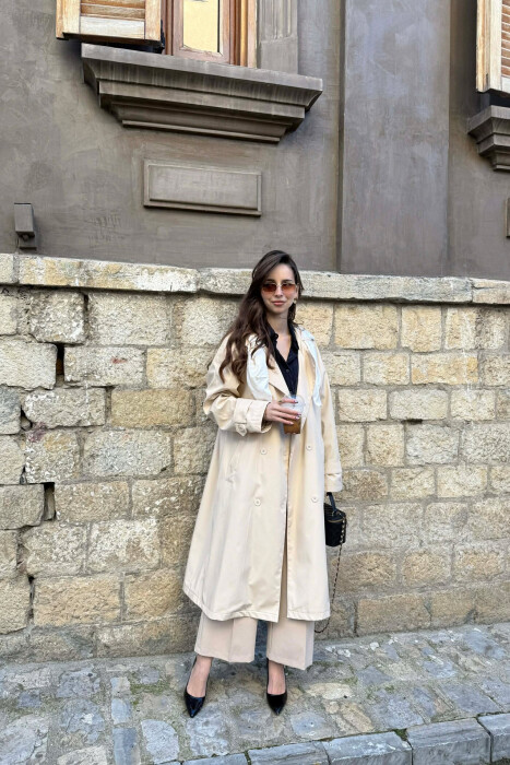 ONE COLOR SCARF AND BELT DETAIL LONG WOMEN TRENCH COAT CREAM/KREM 