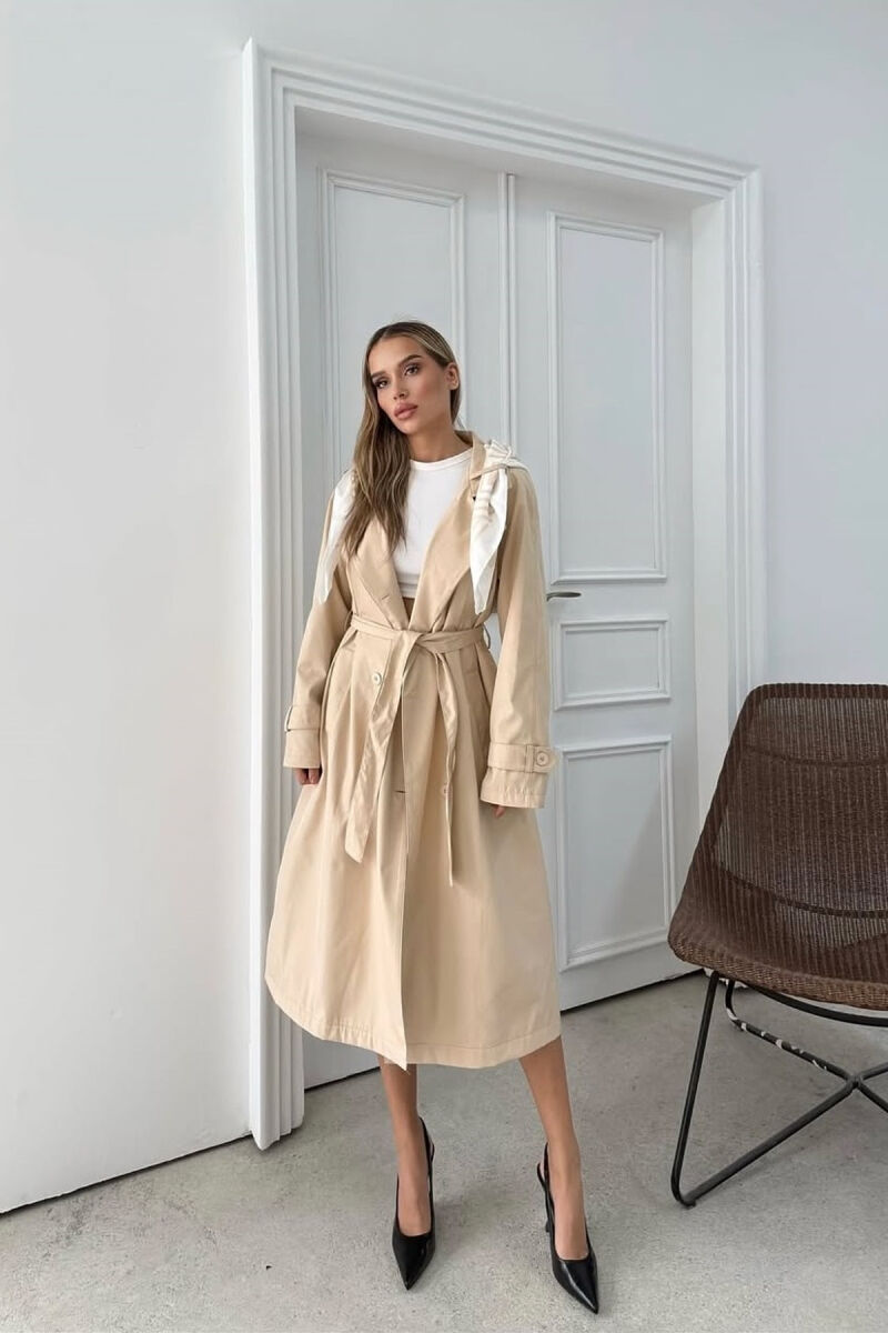 ONE COLOR SCARF AND BELT DETAIL LONG WOMEN TRENCH COAT CREAM/KREM - 1