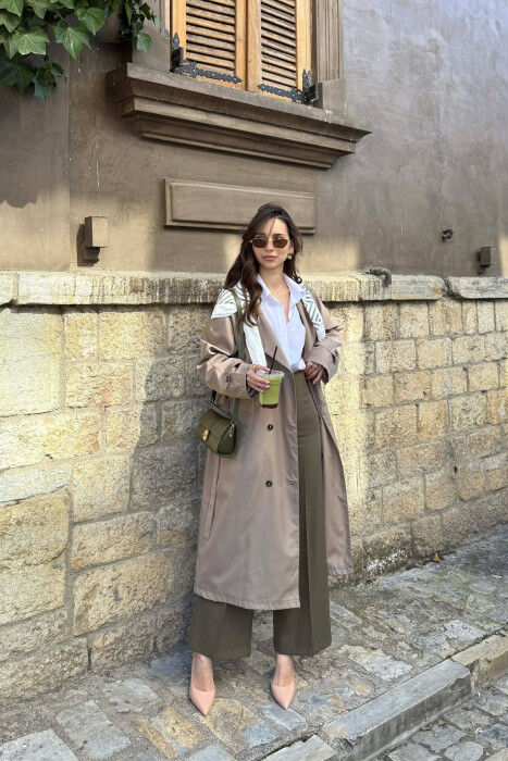 ONE COLOR SCARF AND BELT DETAIL LONG WOMEN TRENCH COAT DARK BEIGE/BEZHE ERRET 