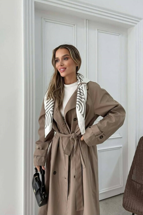 ONE COLOR SCARF AND BELT DETAIL LONG WOMEN TRENCH COAT DARK BEIGE/BEZHE ERRET - 1