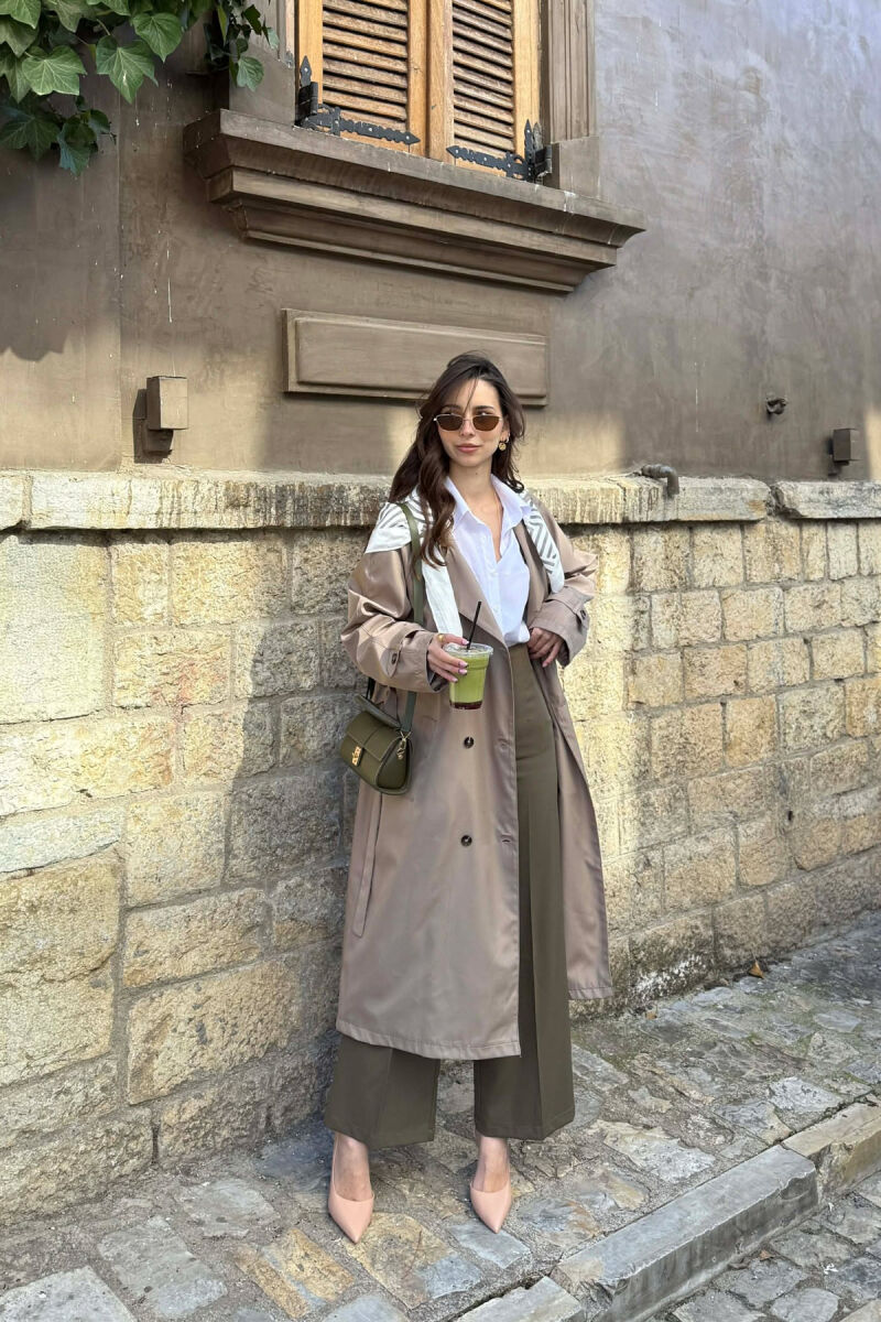 ONE COLOR SCARF AND BELT DETAIL LONG WOMEN TRENCH COAT DARK BEIGE/BEZHE ERRET - 1