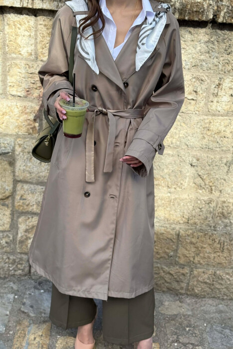 ONE COLOR SCARF AND BELT DETAIL LONG WOMEN TRENCH COAT DARK BEIGE/BEZHE ERRET - 2