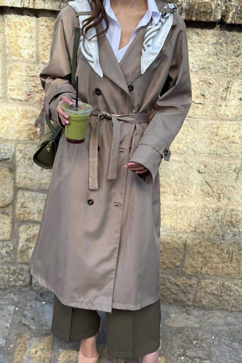 ONE COLOR SCARF AND BELT DETAIL LONG WOMEN TRENCH COAT DARK BEIGE/BEZHE ERRET - 2