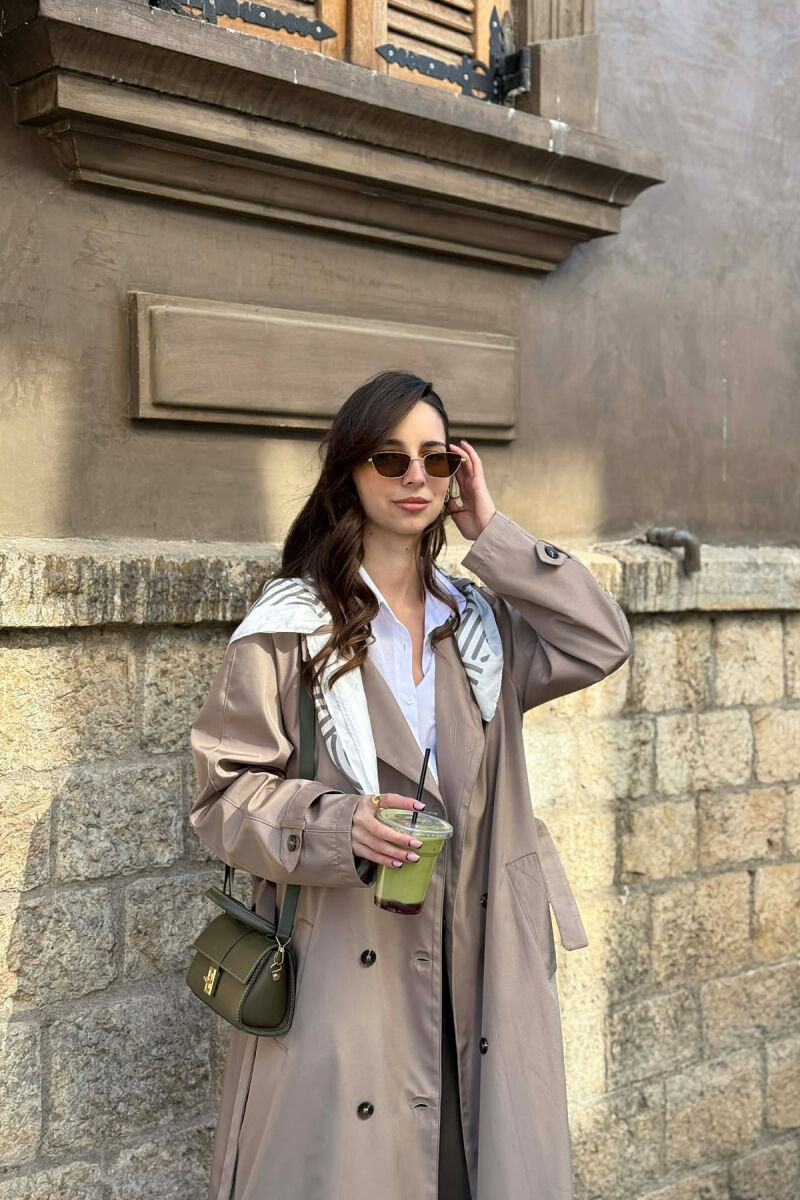 ONE COLOR SCARF AND BELT DETAIL LONG WOMEN TRENCH COAT DARK BEIGE/BEZHE ERRET - 3