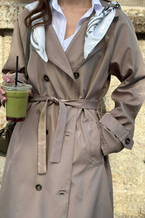 ONE COLOR SCARF AND BELT DETAIL LONG WOMEN TRENCH COAT DARK BEIGE/BEZHE ERRET - 5