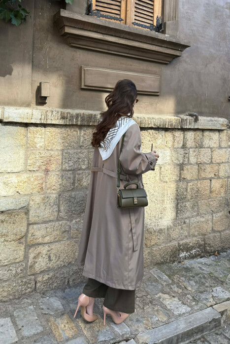 ONE COLOR SCARF AND BELT DETAIL LONG WOMEN TRENCH COAT DARK BEIGE/BEZHE ERRET - 6