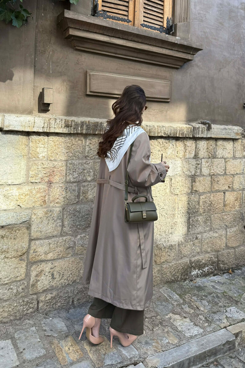 ONE COLOR SCARF AND BELT DETAIL LONG WOMEN TRENCH COAT DARK BEIGE/BEZHE ERRET - 6