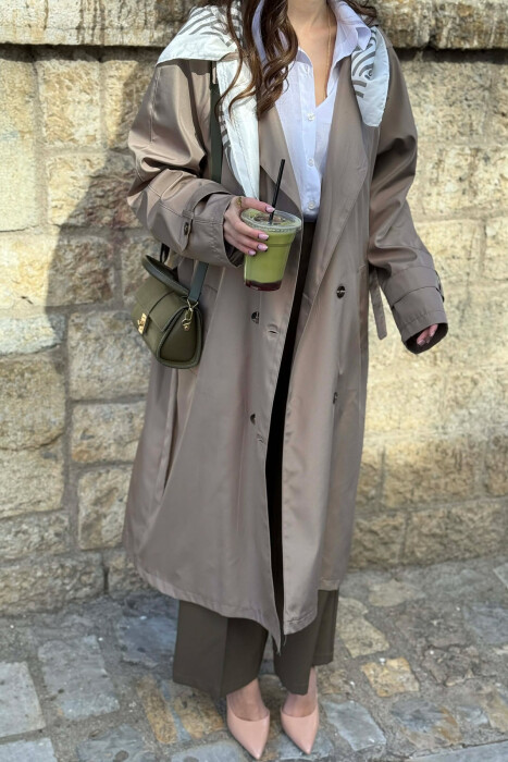 ONE COLOR SCARF AND BELT DETAIL LONG WOMEN TRENCH COAT DARK BEIGE/BEZHE ERRET - 4