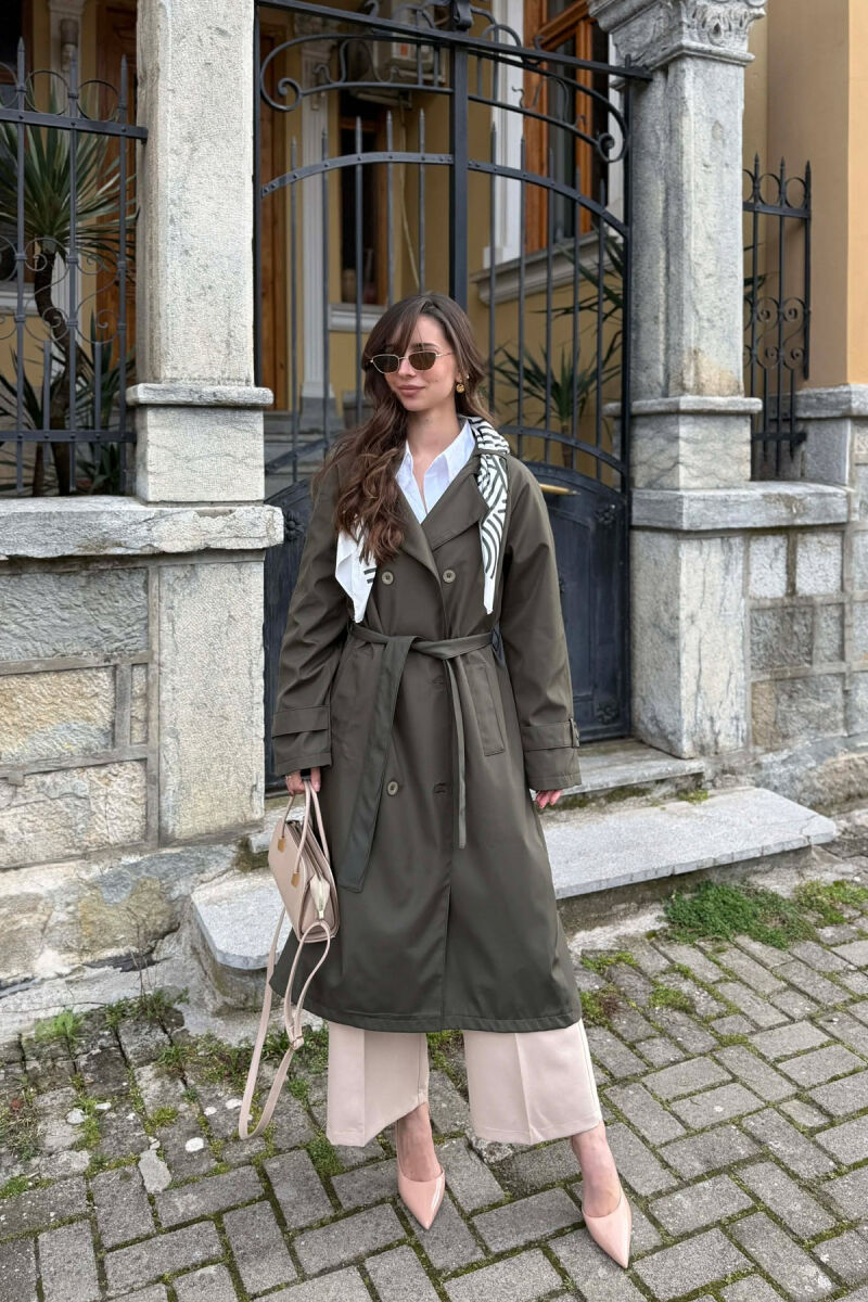 ONE COLOR SCARF AND BELT DETAIL LONG WOMEN TRENCH COAT GREEN/JESHILE - 1