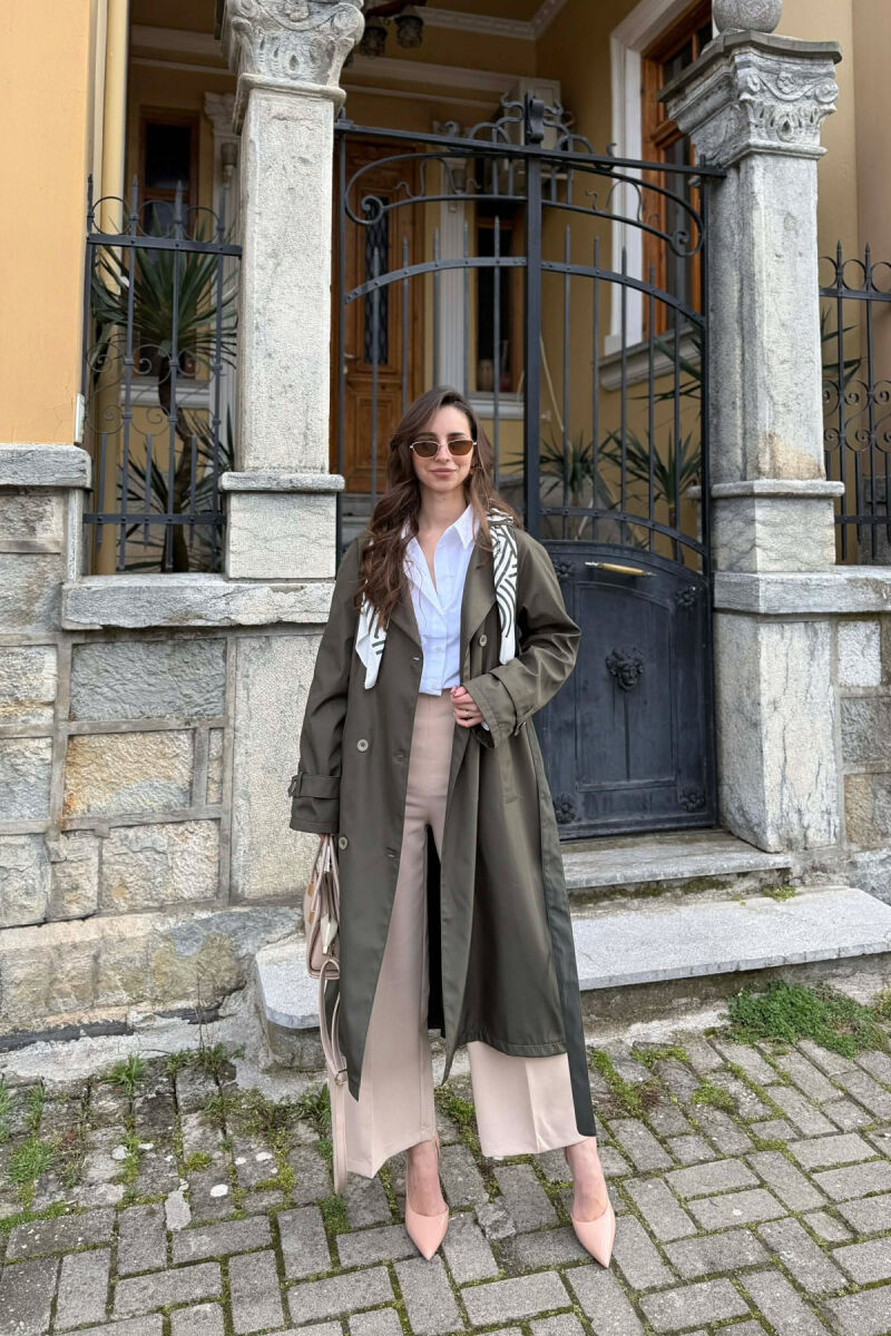 ONE COLOR SCARF AND BELT DETAIL LONG WOMEN TRENCH COAT GREEN/JESHILE - 3