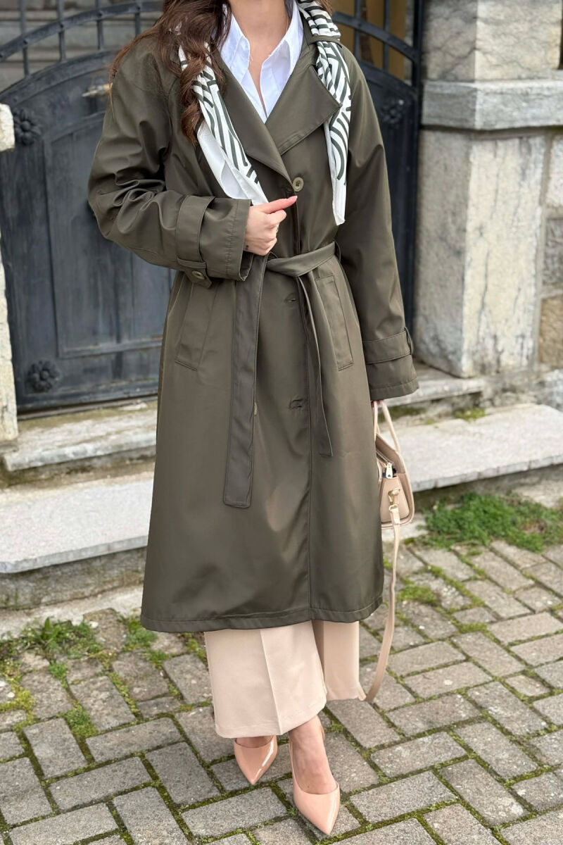 ONE COLOR SCARF AND BELT DETAIL LONG WOMEN TRENCH COAT GREEN/JESHILE - 4