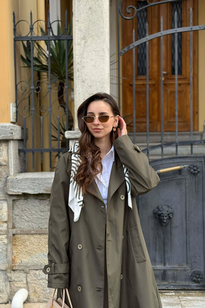 ONE COLOR SCARF AND BELT DETAIL LONG WOMEN TRENCH COAT GREEN/JESHILE - 5