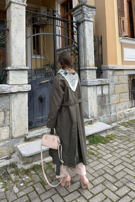 ONE COLOR SCARF AND BELT DETAIL LONG WOMEN TRENCH COAT GREEN/JESHILE - 6