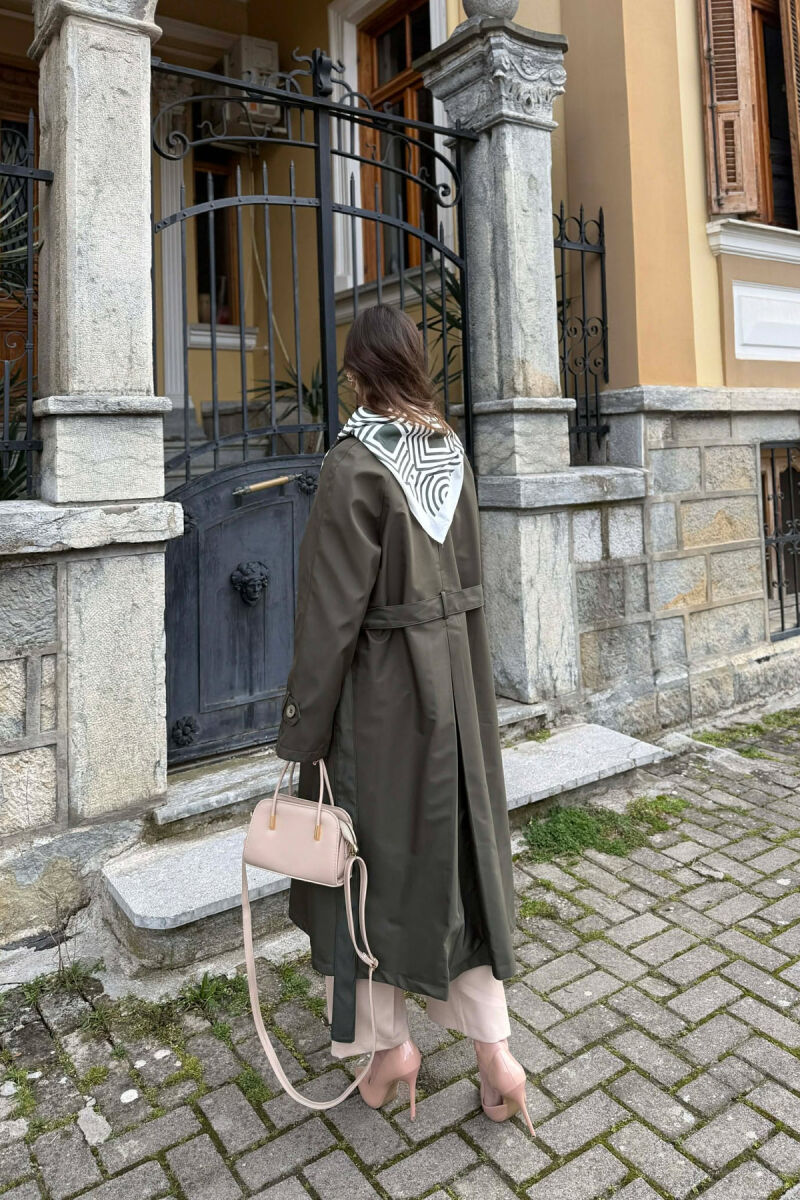 ONE COLOR SCARF AND BELT DETAIL LONG WOMEN TRENCH COAT GREEN/JESHILE - 6