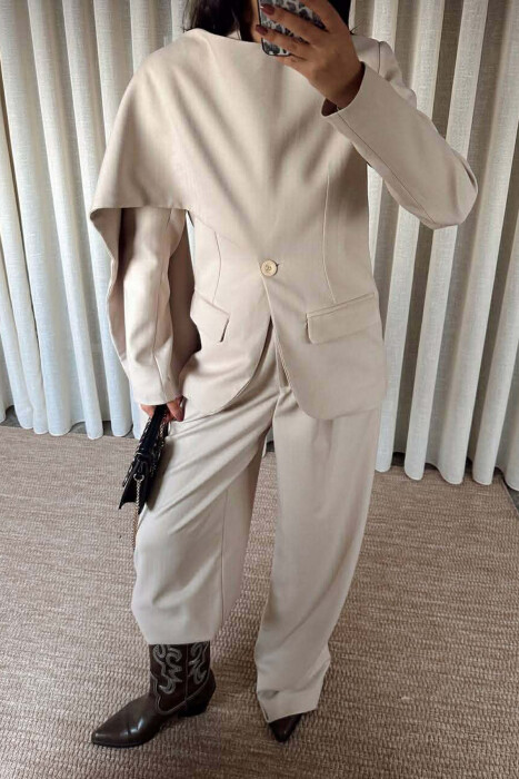 ONE COLOR SCARF DETAIL JACKET+TROUSERS WOMEN SET BEIGE/BEZHE - 3