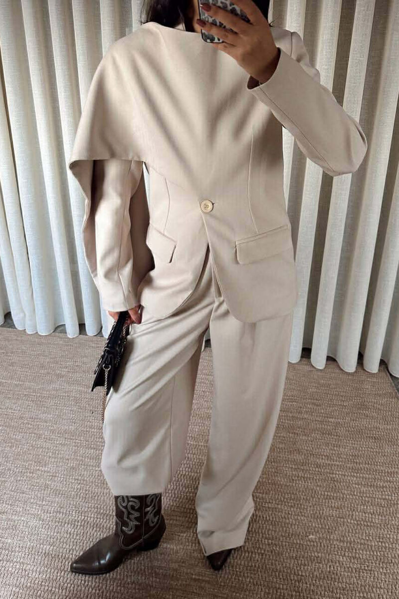 ONE COLOR SCARF DETAIL JACKET+TROUSERS WOMEN SET BEIGE/BEZHE - 3