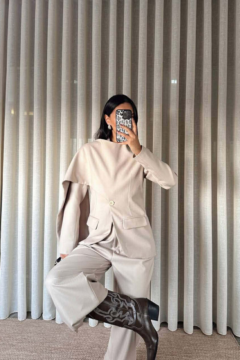 ONE COLOR SCARF DETAIL JACKET+TROUSERS WOMEN SET BEIGE/BEZHE - 4