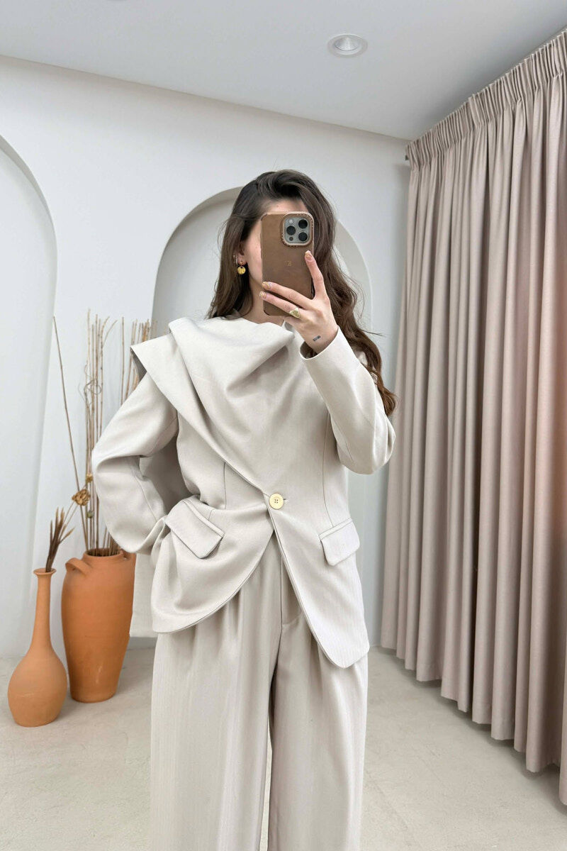 ONE COLOR SCARF DETAIL JACKET+TROUSERS WOMEN SET BEIGE/BEZHE - 2