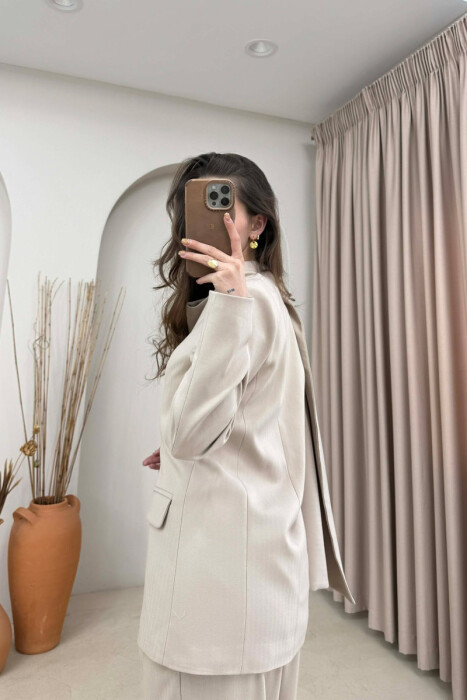 ONE COLOR SCARF DETAIL JACKET+TROUSERS WOMEN SET BEIGE/BEZHE - 3