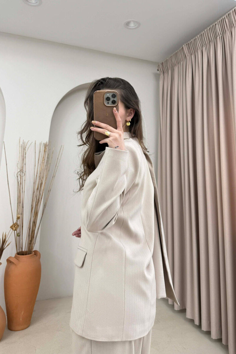 ONE COLOR SCARF DETAIL JACKET+TROUSERS WOMEN SET BEIGE/BEZHE - 3