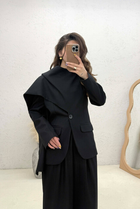 ONE COLOR SCARF DETAIL JACKET+TROUSERS WOMEN SET BLACK/ E ZEZE - 2