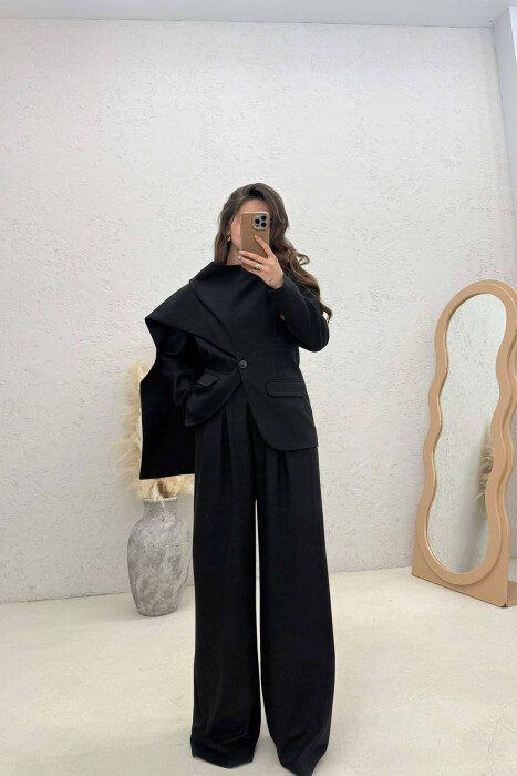 ONE COLOR SCARF DETAIL JACKET+TROUSERS WOMEN SET BLACK/ E ZEZE 