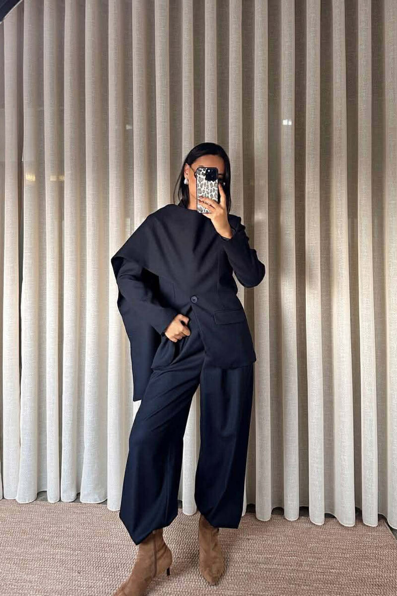 ONE COLOR SCARF DETAIL JACKET+TROUSERS WOMEN SET BLUE/BLU - 1