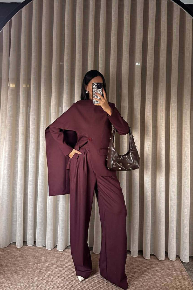 ONE COLOR SCARF DETAIL JACKET+TROUSERS WOMEN SET BURGUNDY/VISHNJE - 1