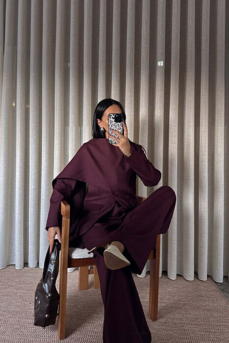 ONE COLOR SCARF DETAIL JACKET+TROUSERS WOMEN SET BURGUNDY/VISHNJE - 2