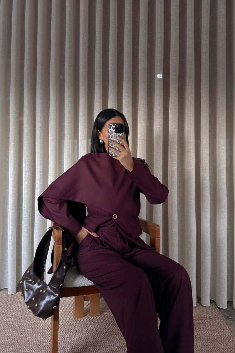 ONE COLOR SCARF DETAIL JACKET+TROUSERS WOMEN SET BURGUNDY/VISHNJE - 3