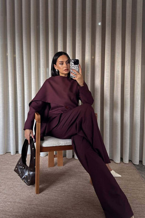 ONE COLOR SCARF DETAIL JACKET+TROUSERS WOMEN SET BURGUNDY/VISHNJE - 4
