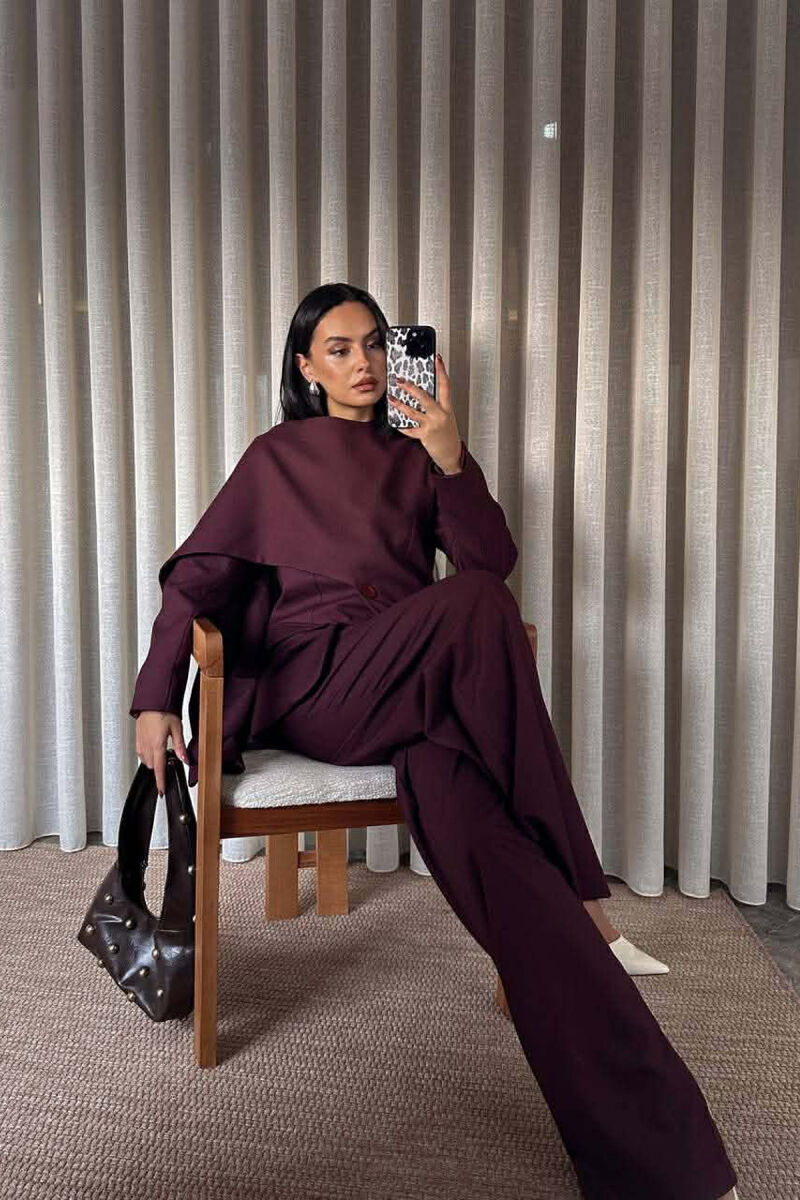 ONE COLOR SCARF DETAIL JACKET+TROUSERS WOMEN SET BURGUNDY/VISHNJE - 4