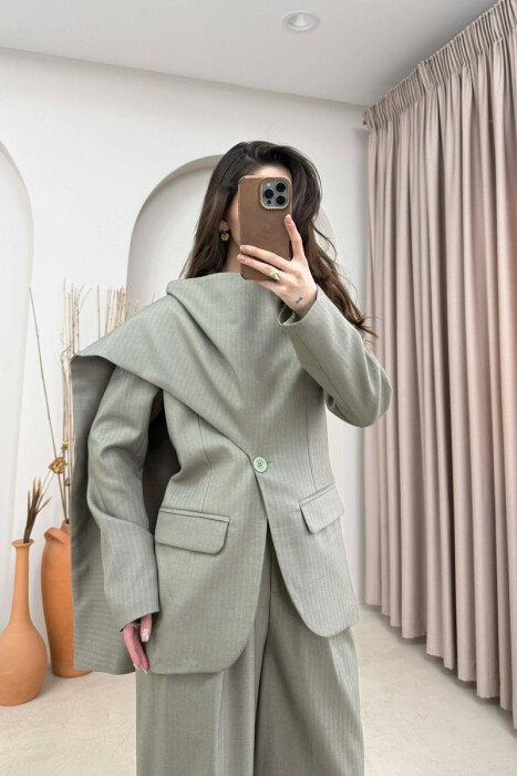 ONE COLOR SCARF DETAIL JACKET+TROUSERS WOMEN SET MINT/MENTE - 2