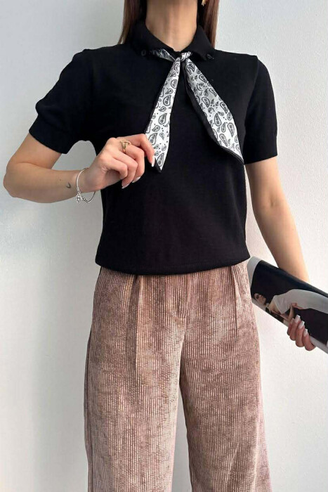 ONE COLOR SCARF DETAIL KNITTED WOMEN T-SHIRT BLACK/ E ZEZE - KLAUDIO FASHION