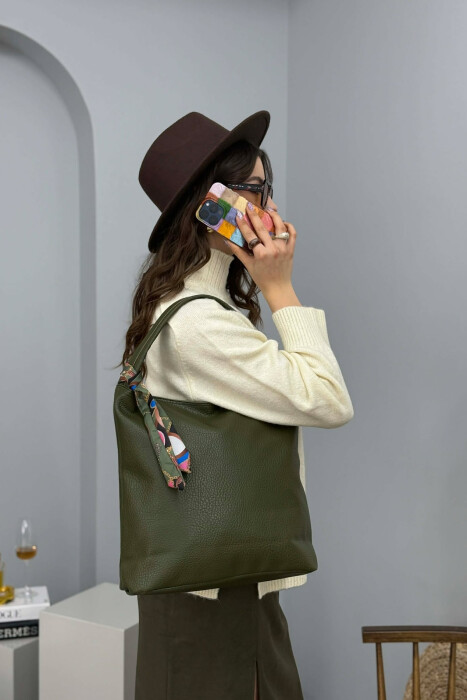ONE COLOR SCARF DETAIL LEATHER WOMEN BAG GREEN/JESHILE - 2