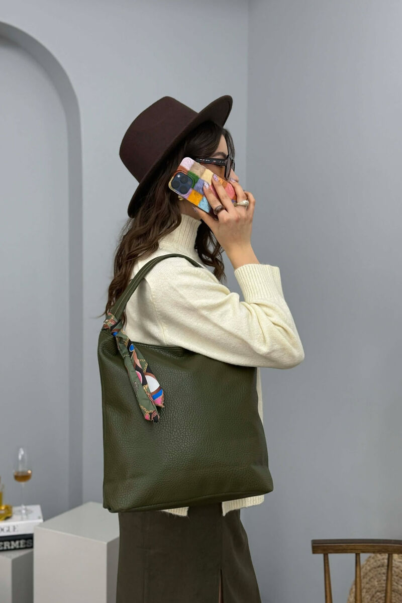 ONE COLOR SCARF DETAIL LEATHER WOMEN BAG GREEN/JESHILE - 2