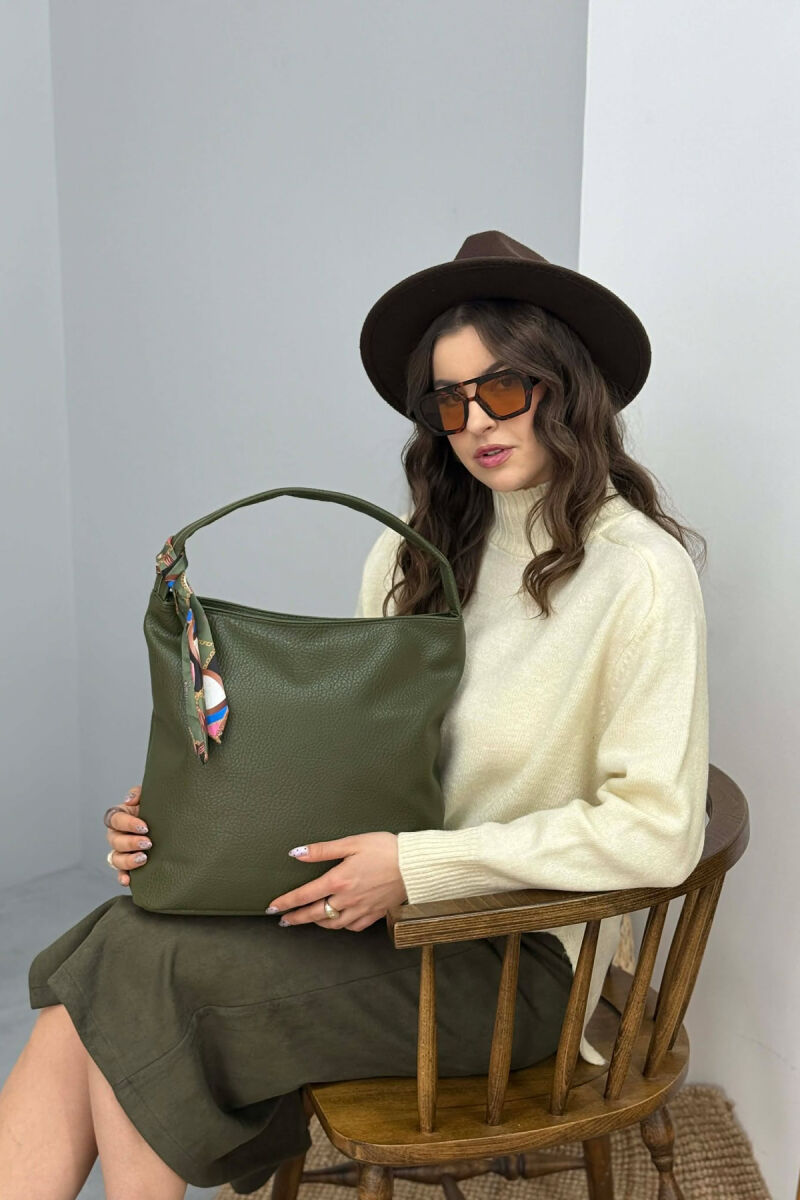 ONE COLOR SCARF DETAIL LEATHER WOMEN BAG GREEN/JESHILE - 4