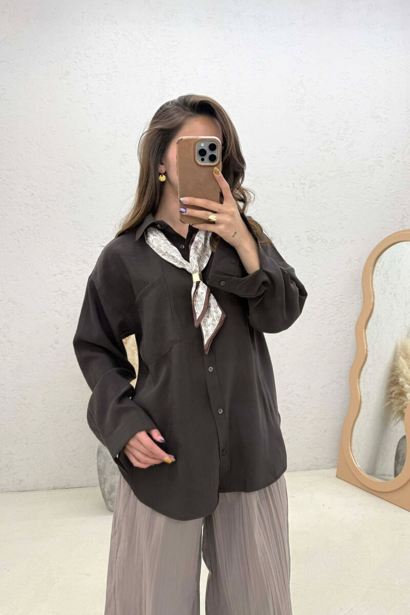 ONE COLOR SCARF DETAIL WOMAN SHIRT BROWN/KAFE - 3