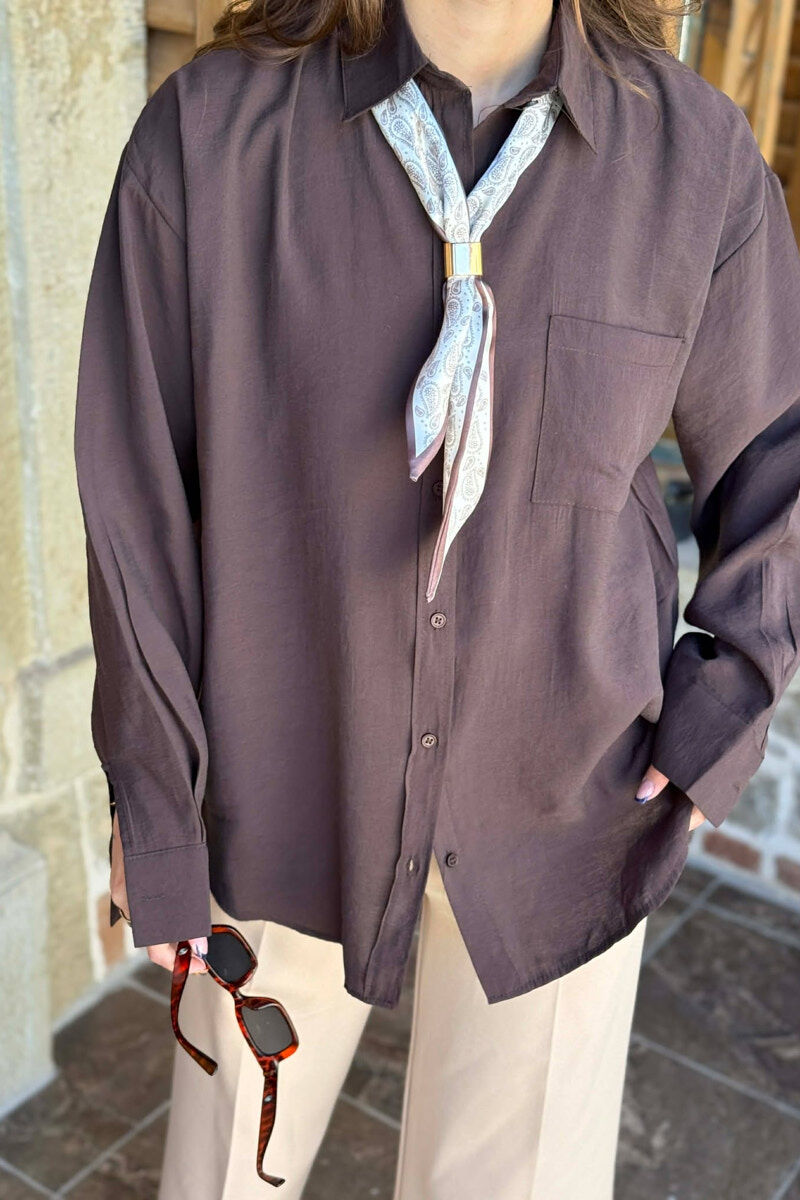 ONE COLOR SCARF DETAIL WOMAN SHIRT BROWN/KAFE - 4